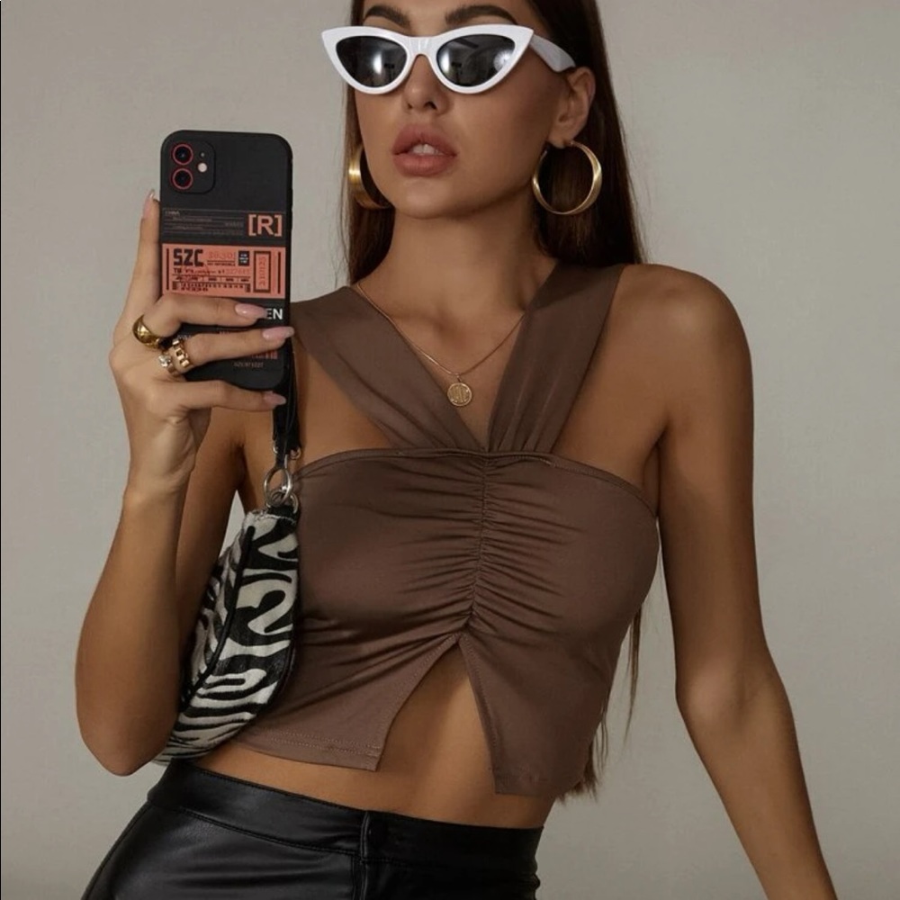 Halter Ruched Front Split Top